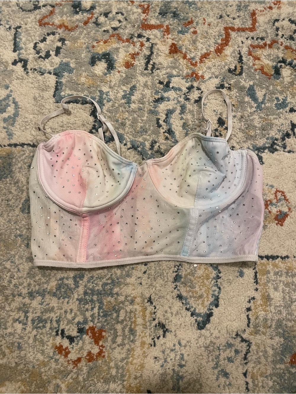 Garage Pastel Tie-Dye Rhinestone Longline Top - Pink, Blue, Cream